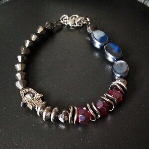 Goth Inspired Blessings Bracelet - Hamsa Hand 4 Protection - Black Gray & Red
